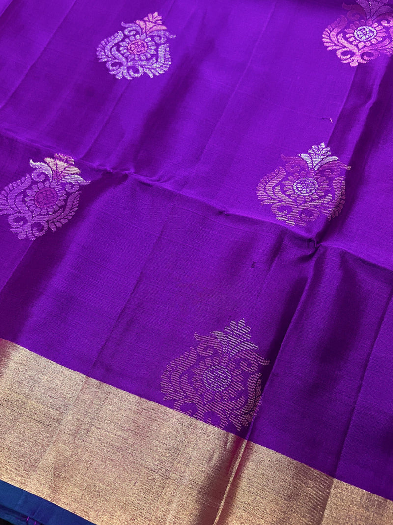 Purple Pure Kanjivaram Soft Silk Handloom Saree with Teal Green Pallu and Blouse | Muted Zari Work | SILK MARK CERTIFIED