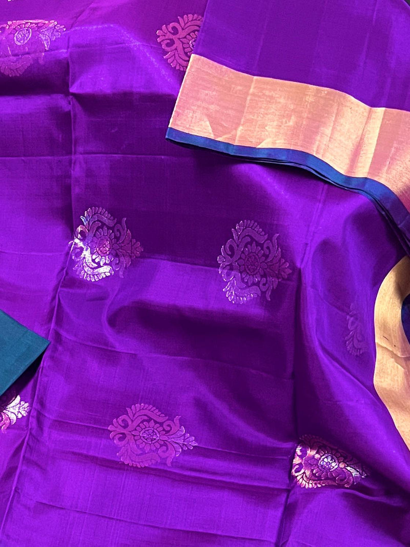 Purple Pure Kanjivaram Soft Silk Handloom Saree with Teal Green Pallu and Blouse | Muted Zari Work | SILK MARK CERTIFIED