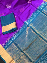 Purple Pure Kanjivaram Soft Silk Handloom Saree with Teal Green Pallu and Blouse | Muted Zari Work | SILK MARK CERTIFIED