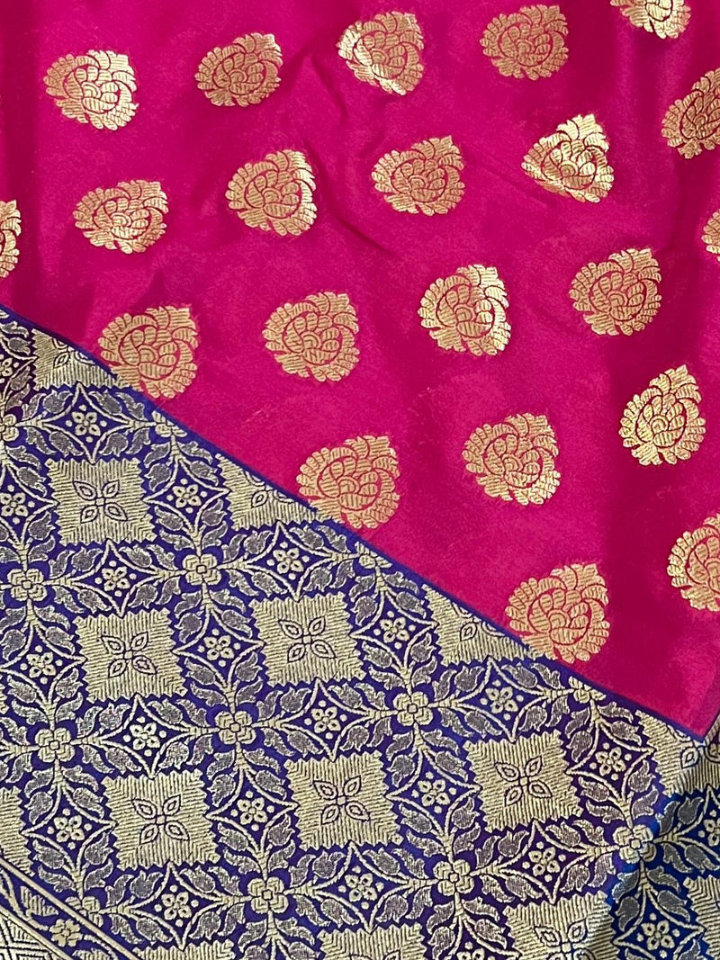 Pink with Blue Color Traditional Banarasi Handloom Silk Saree - Wide Border - Floral Butta - Banarasi Silk Saree