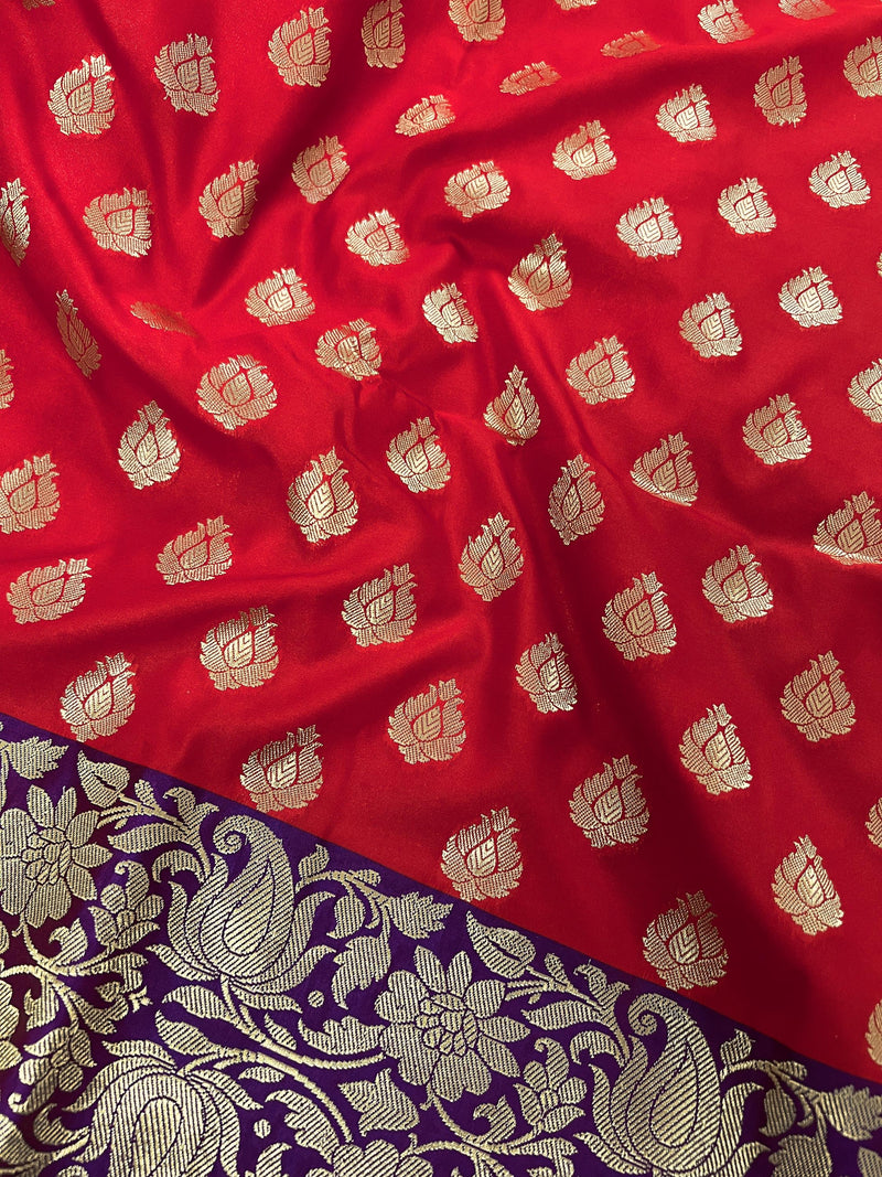 Red with Blue Pallu and Purple Border Traditional Banarasi Handloom Saree | Floral Design | Banarasi Silk Saree | Kaash Collection