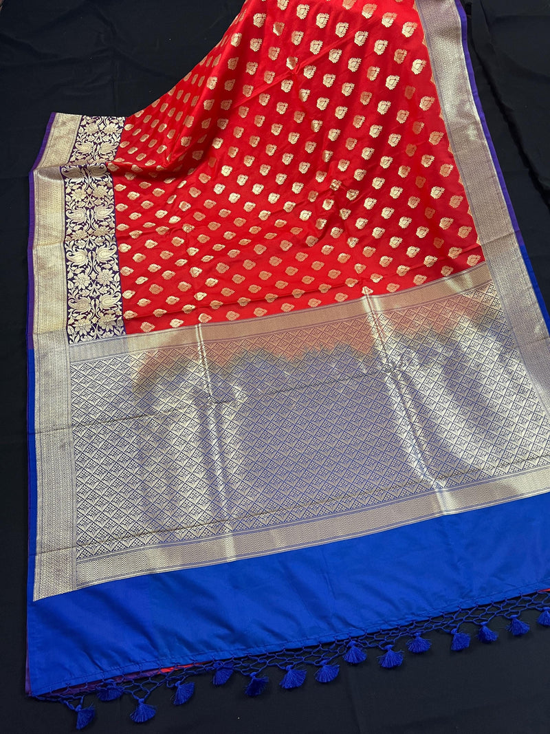 Red with Blue Pallu and Purple Border Traditional Banarasi Handloom Saree | Floral Design | Banarasi Silk Saree | Kaash Collection