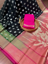 Black and Pink Traditional Banarasi Silk Handloom Saree with Paithani Style Border in Green