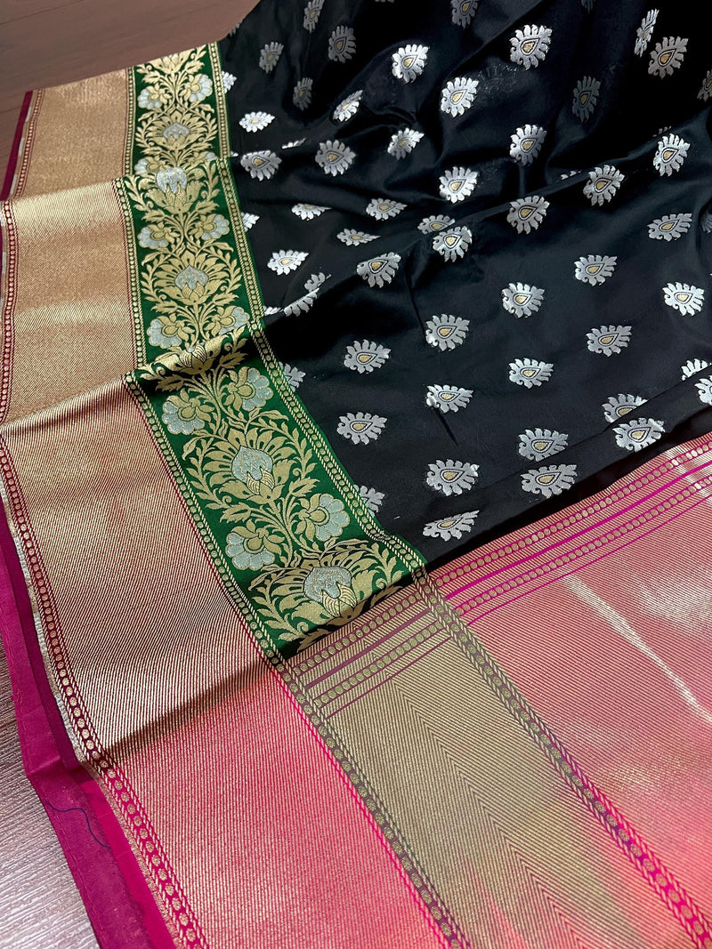 Black and Pink Traditional Banarasi Silk Handloom Saree with Paithani Style Border in Green