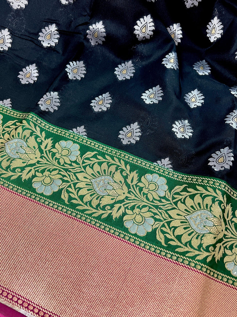 Black and Pink Traditional Banarasi Silk Handloom Saree with Paithani Style Border in Green