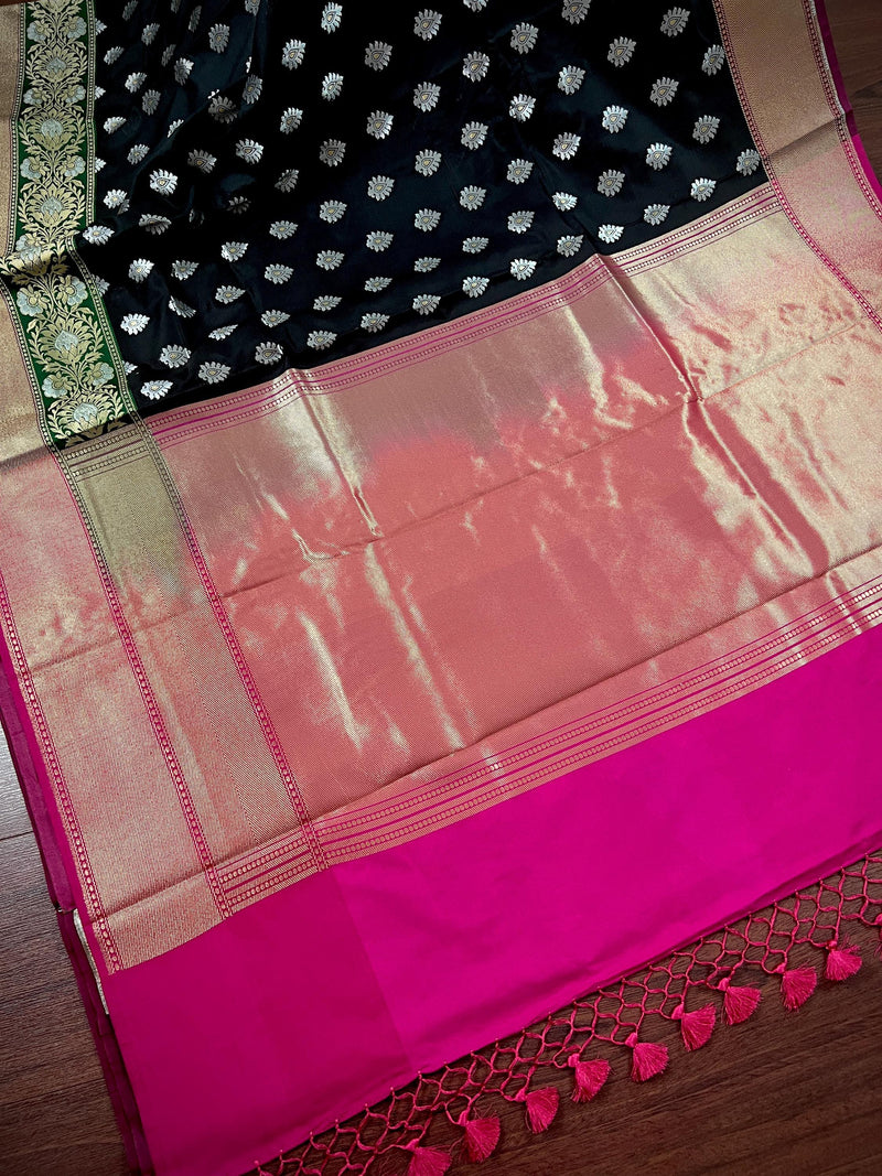 Black and Pink Traditional Banarasi Silk Handloom Saree with Paithani Style Border in Green