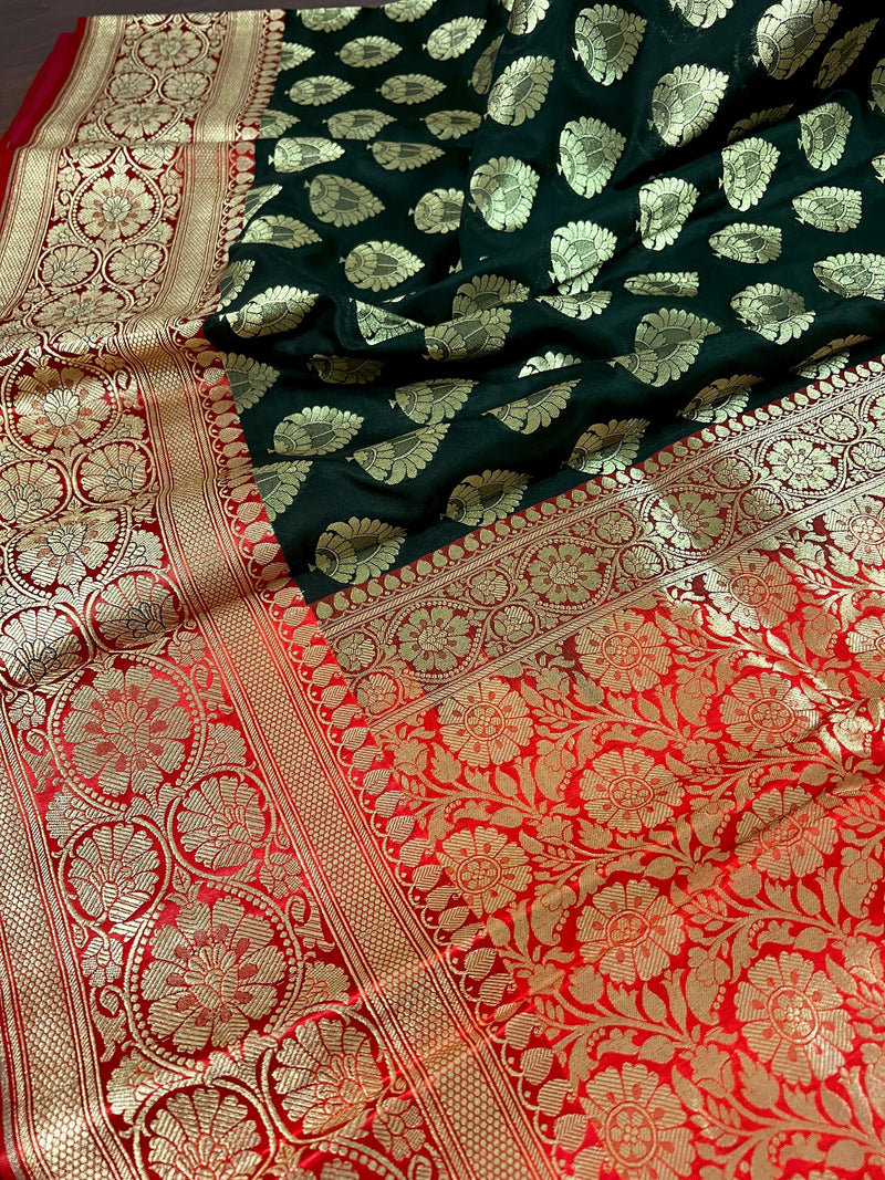 Black and Red Color Traditional Banarasi Silk Handloom Saree with Wide Border - Satin Patta Border