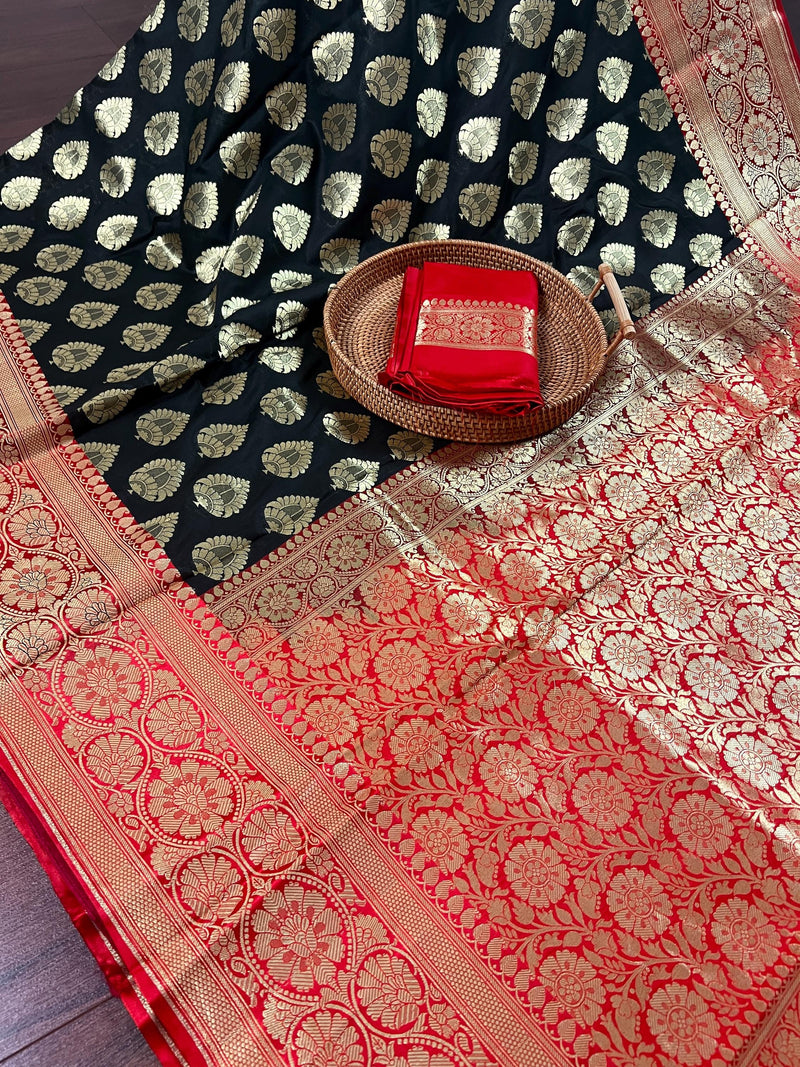 Black and Red Color Traditional Banarasi Silk Handloom Saree with Wide Border - Satin Patta Border