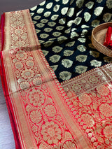 Black and Red Color Traditional Banarasi Silk Handloom Saree with Wide Border - Satin Patta Border