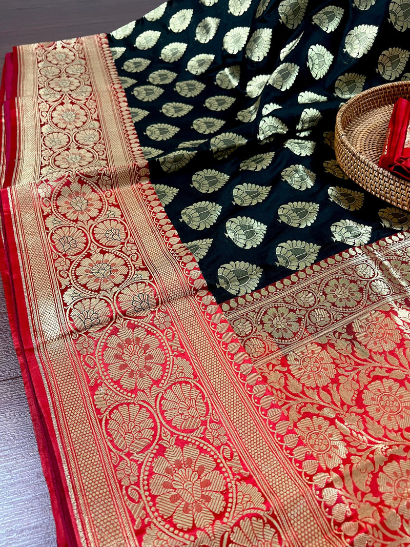 Black and Red Color Traditional Banarasi Silk Handloom Saree with Wide Border - Satin Patta Border