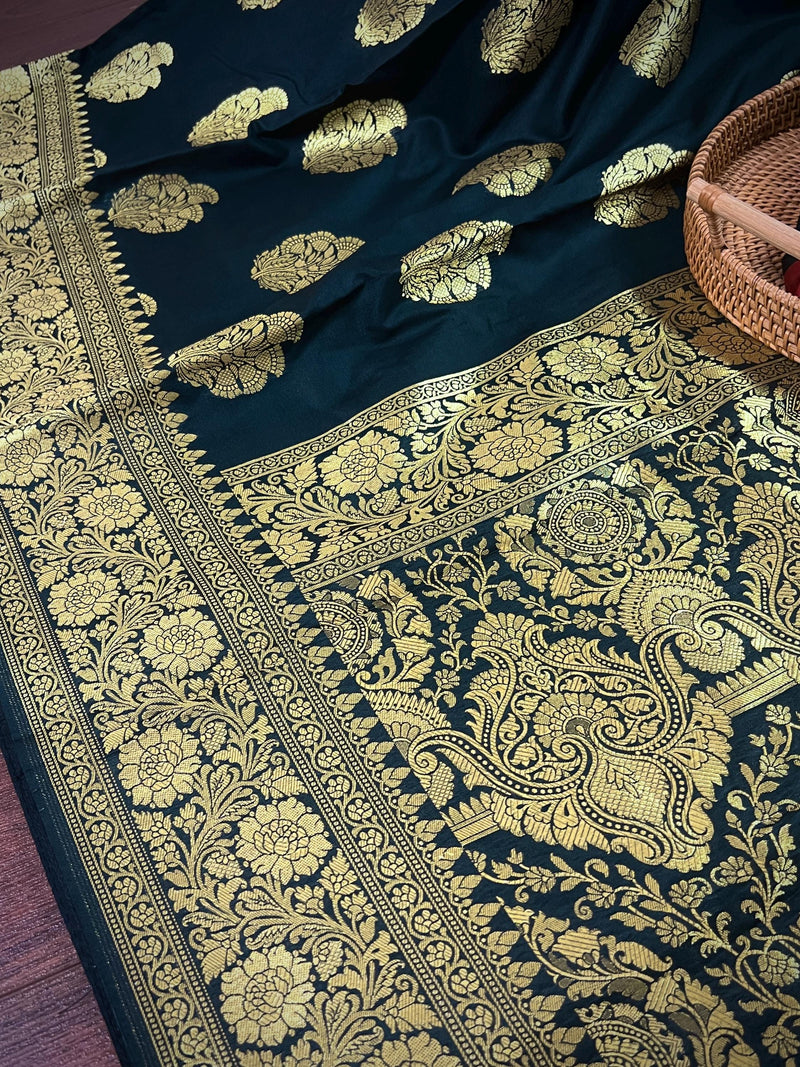 Black Color Traditional Banarasi Handloom Silk Saree in Muted Yellow Gold Muted Zari Weave