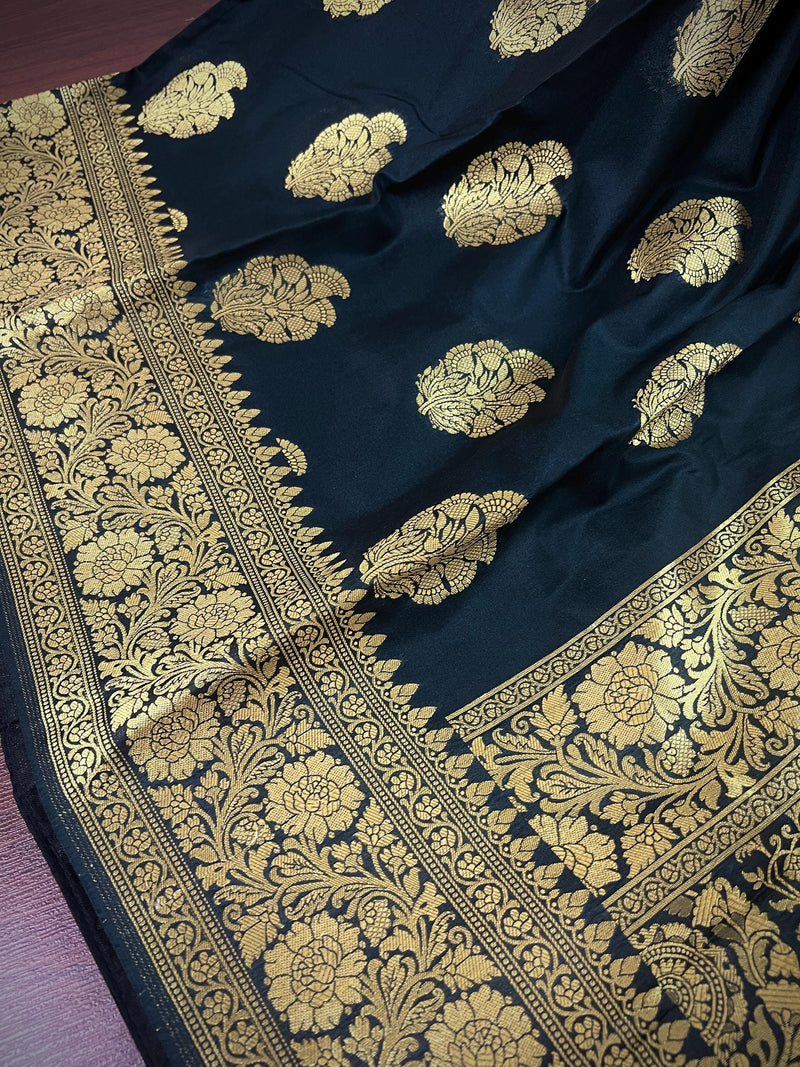 Black Color Traditional Banarasi Handloom Silk Saree in Muted Yellow Gold Muted Zari Weave