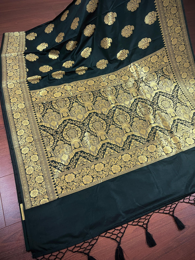 Black Color Traditional Banarasi Handloom Silk Saree in Muted Yellow Gold Muted Zari Weave