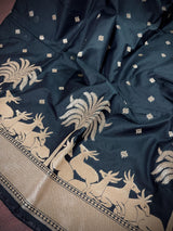 Black Color Soft Silk Saree small Buttis with Deer and Trees on the Borders in Zari Weave Work | Soft Silk Saree