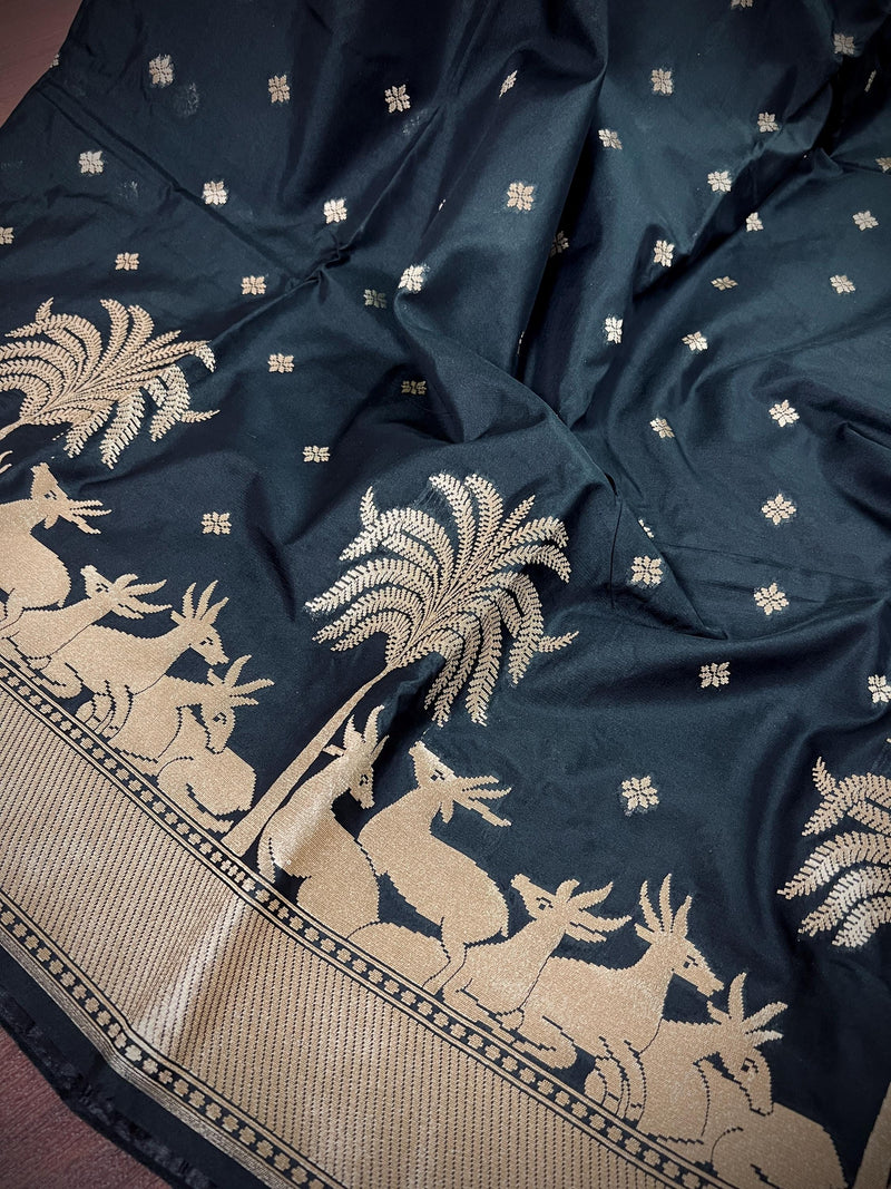 Black Color Soft Silk Saree small Buttis with Deer and Trees on the Borders in Zari Weave Work | Soft Silk Saree