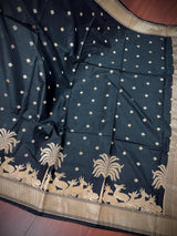 Black Color Soft Silk Saree small Buttis with Deer and Trees on the Borders in Zari Weave Work | Soft Silk Saree