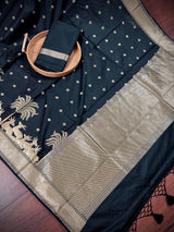 Black Color Soft Silk Saree small Buttis with Deer and Trees on the Borders in Zari Weave Work | Soft Silk Saree