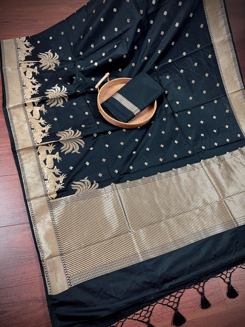 Black Color Soft Silk Saree small Buttis with Deer and Trees on the Borders in Zari Weave Work | Soft Silk Saree