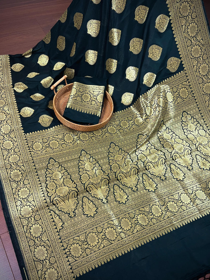 Black Color Traditional Banarasi Soft Silk Saree in Muted Yellow Gold Muted Zari Weave with Buttas and Floral Pattern