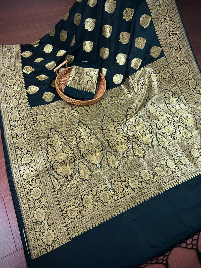 Black Color Traditional Banarasi Soft Silk Saree in Muted Yellow Gold Muted Zari Weave with Buttas and Floral Pattern