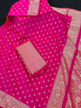 Handmade Hot Pink Color Soft Silk Saree - Muted Gold Resham Zari Weave  - Brocade Blouse - Light Weight Easy Drape Saree - Gift For Her