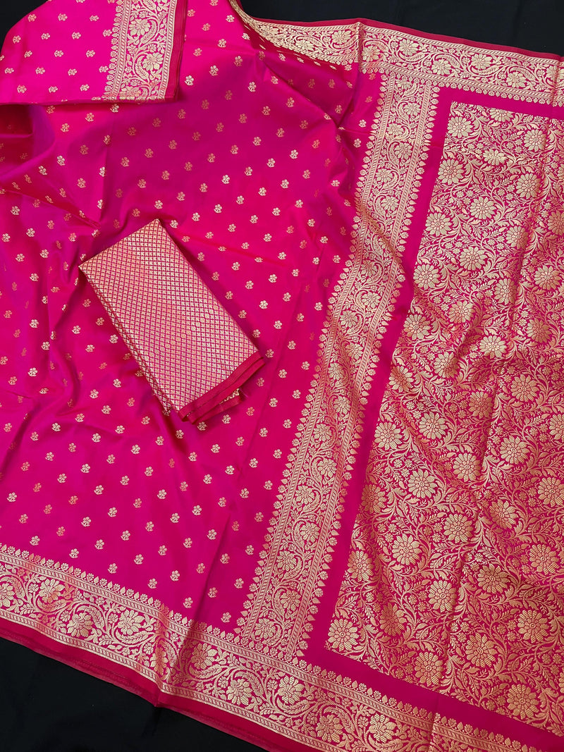 Handmade Hot Pink Color Soft Silk Saree - Muted Gold Resham Zari Weave  - Brocade Blouse - Light Weight Easy Drape Saree - Gift For Her