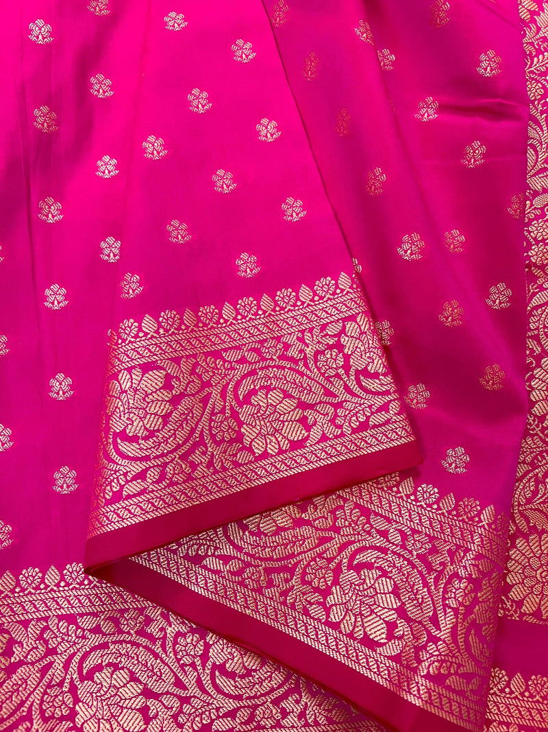 Handmade Hot Pink Color Soft Silk Saree - Muted Gold Resham Zari Weave  - Brocade Blouse - Light Weight Easy Drape Saree - Gift For Her