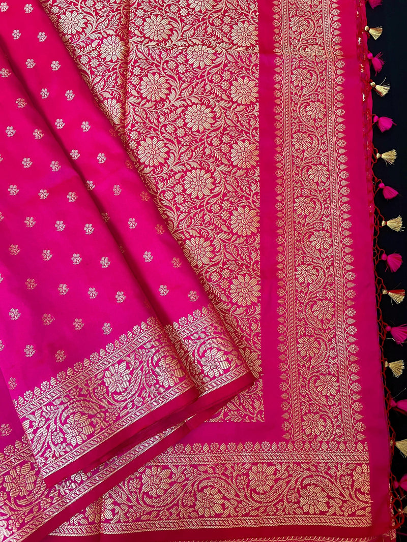 Handmade Hot Pink Color Soft Silk Saree - Muted Gold Resham Zari Weave  - Brocade Blouse - Light Weight Easy Drape Saree - Gift For Her