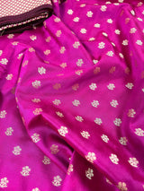 Handmade Magenta Pink Color Soft Silk Saree - Muted Gold Resham Zari Weave  - Brocade Blouse - Light Weight Easy Drape Saree - Gift For Her