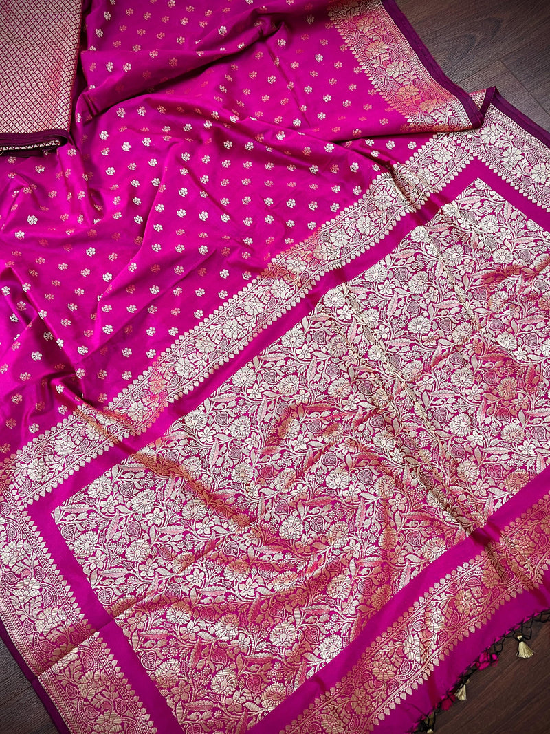 Handmade Magenta Pink Color Soft Silk Saree - Muted Gold Resham Zari Weave  - Brocade Blouse - Light Weight Easy Drape Saree - Gift For Her