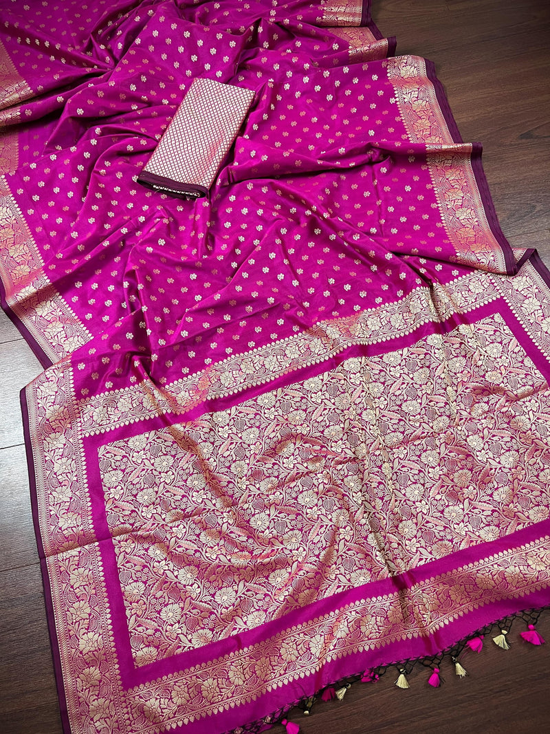 Handmade Magenta Pink Color Soft Silk Saree - Muted Gold Resham Zari Weave  - Brocade Blouse - Light Weight Easy Drape Saree - Gift For Her