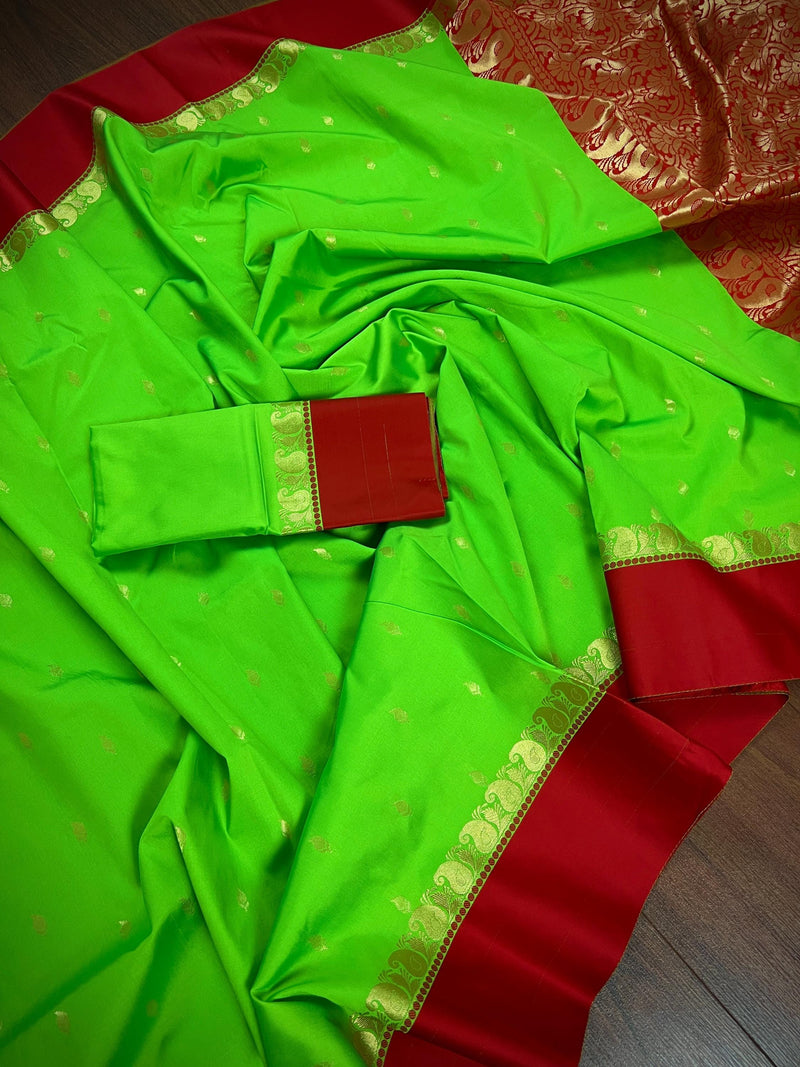 Statement Designer Parrot Green with Red border and Pallu Saree | Banarasi Silk Saree | Soft Silk Saree