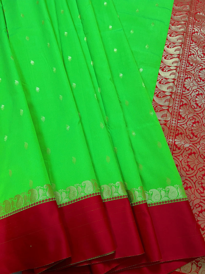 Statement Designer Parrot Green with Red border and Pallu Saree | Banarasi Silk Saree | Soft Silk Saree