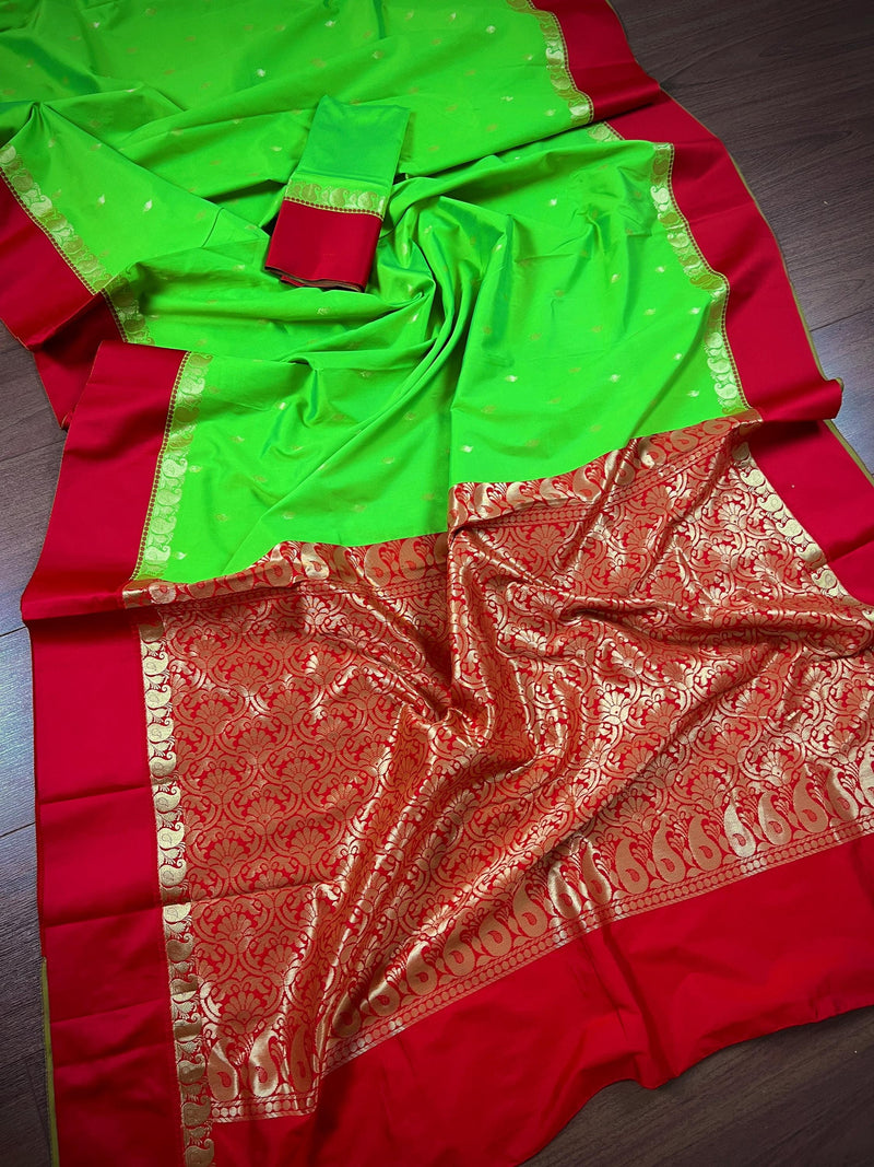 Statement Designer Parrot Green with Red border and Pallu Saree | Banarasi Silk Saree | Soft Silk Saree