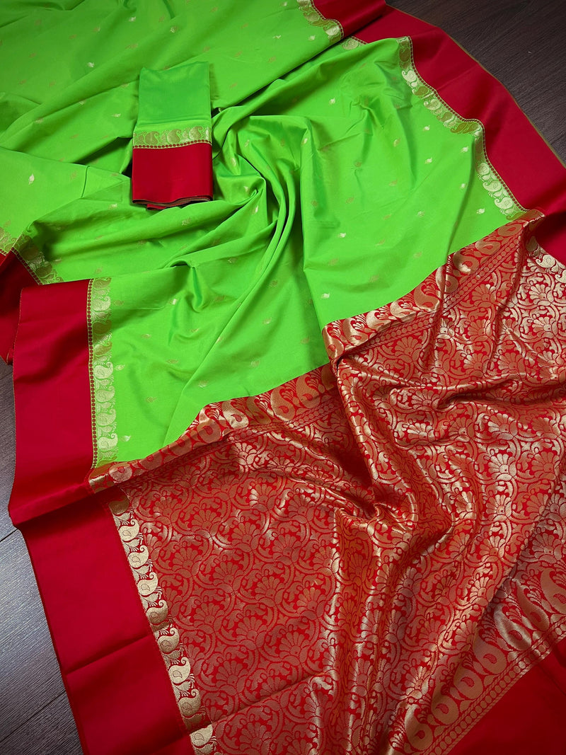 Statement Designer Parrot Green with Red border and Pallu Saree | Banarasi Silk Saree | Soft Silk Saree