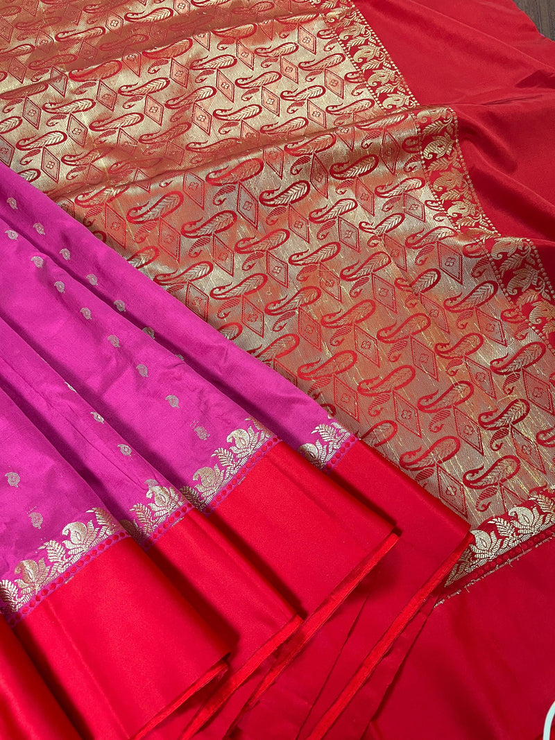 Statement Designer Plum with Red border and Pallu Saree -  Banarasi Silk Saree - Soft Silk Saree - Gift For Her