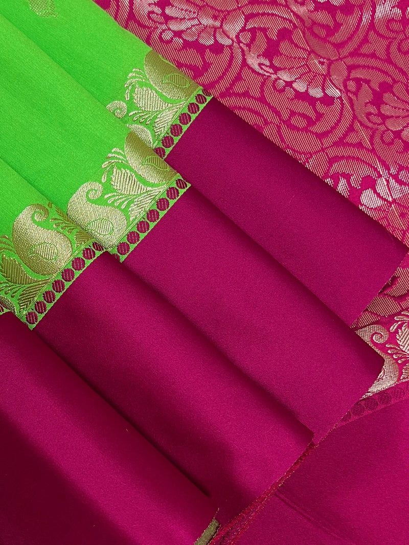 Statement Designer Parrot Green with Plum border and Pallu Saree | Banarasi Silk Saree | Soft Silk Saree | Festival Indian Wear