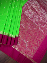 Statement Designer Parrot Green with Plum border and Pallu Saree | Banarasi Silk Saree | Soft Silk Saree | Festival Indian Wear