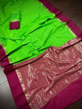 Statement Designer Parrot Green with Plum border and Pallu Saree | Banarasi Silk Saree | Soft Silk Saree | Festival Indian Wear