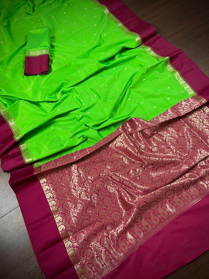 Statement Designer Parrot Green with Plum border and Pallu Saree | Banarasi Silk Saree | Soft Silk Saree | Festival Indian Wear