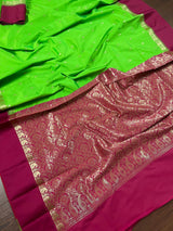 Statement Designer Parrot Green with Plum border and Pallu Saree | Banarasi Silk Saree | Soft Silk Saree | Festival Indian Wear