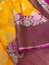 Mango Yellow  with Pink Color combination Traditional Handloom Banarasi Saree with Copper Border and Pallu