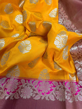 Mango Yellow  with Pink Color combination Traditional Handloom Banarasi Saree with Copper Border and Pallu