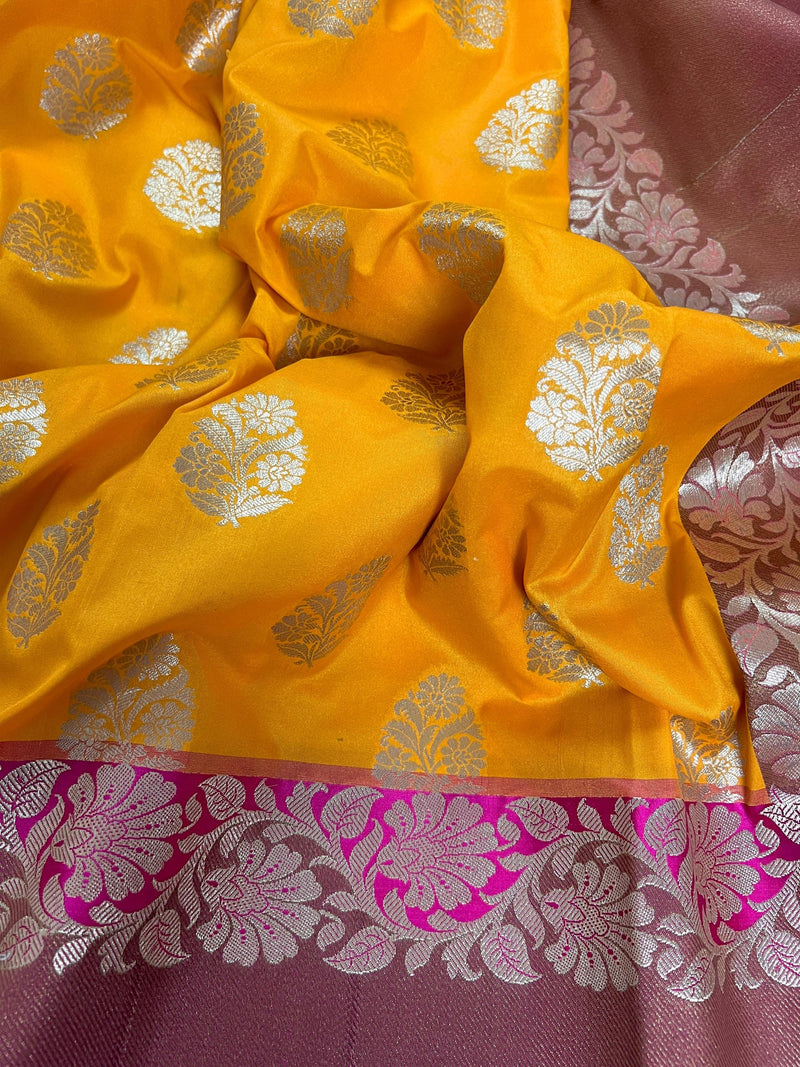 Mango Yellow  with Pink Color combination Traditional Handloom Banarasi Saree with Copper Border and Pallu