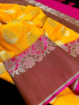 Mango Yellow  with Pink Color combination Traditional Handloom Banarasi Saree with Copper Border and Pallu