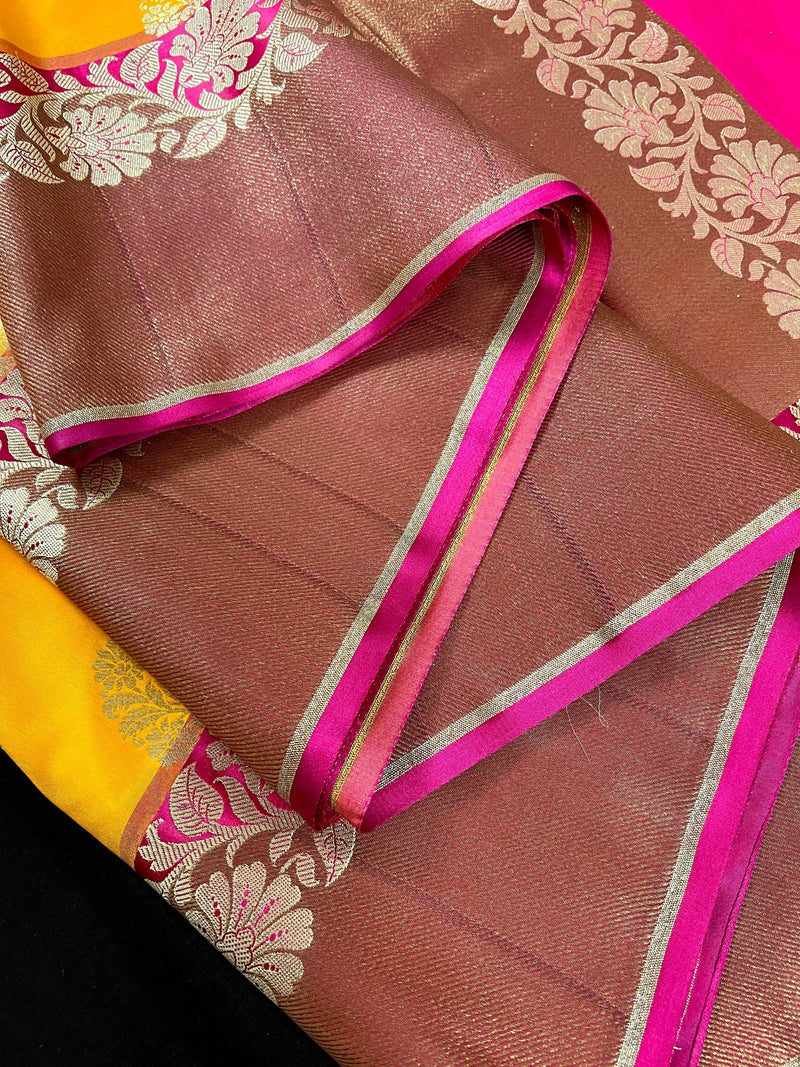 Mango Yellow  with Pink Color combination Traditional Handloom Banarasi Saree with Copper Border and Pallu