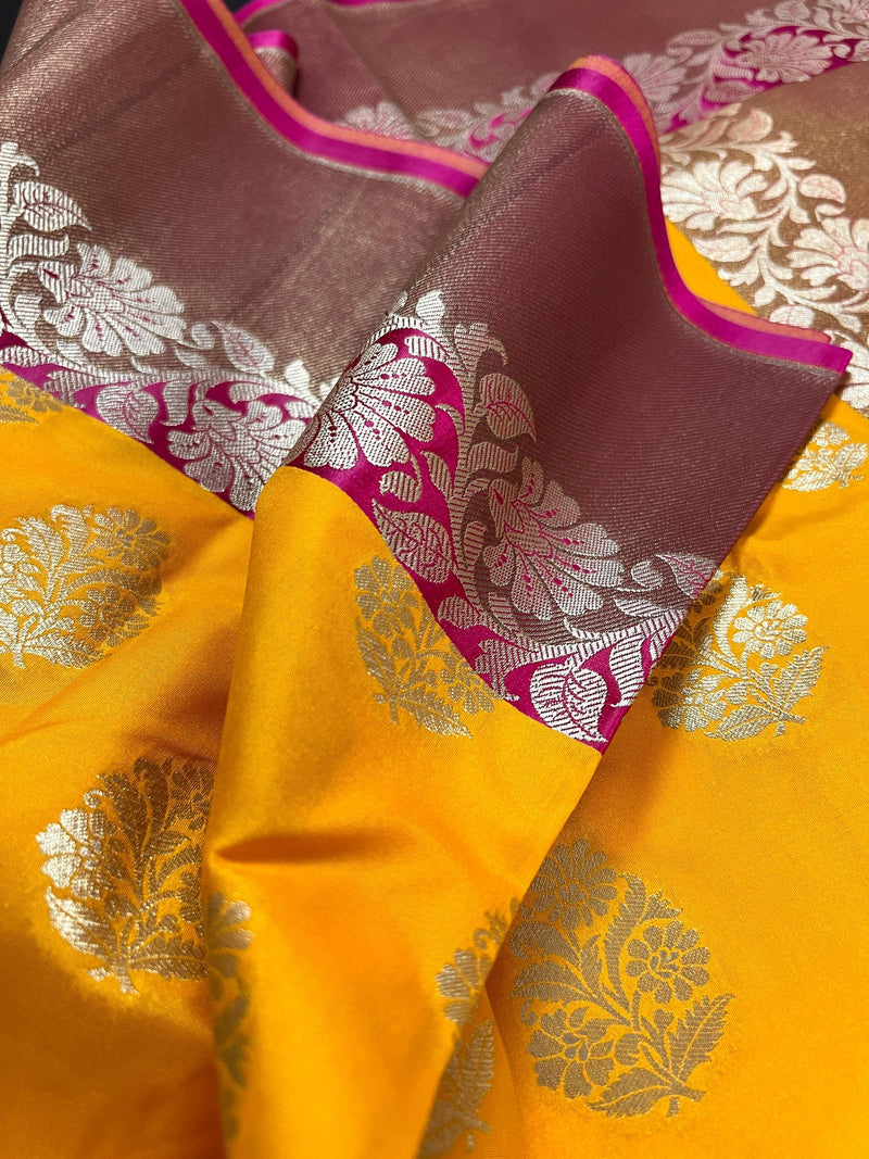 Mango Yellow  with Pink Color combination Traditional Handloom Banarasi Saree with Copper Border and Pallu