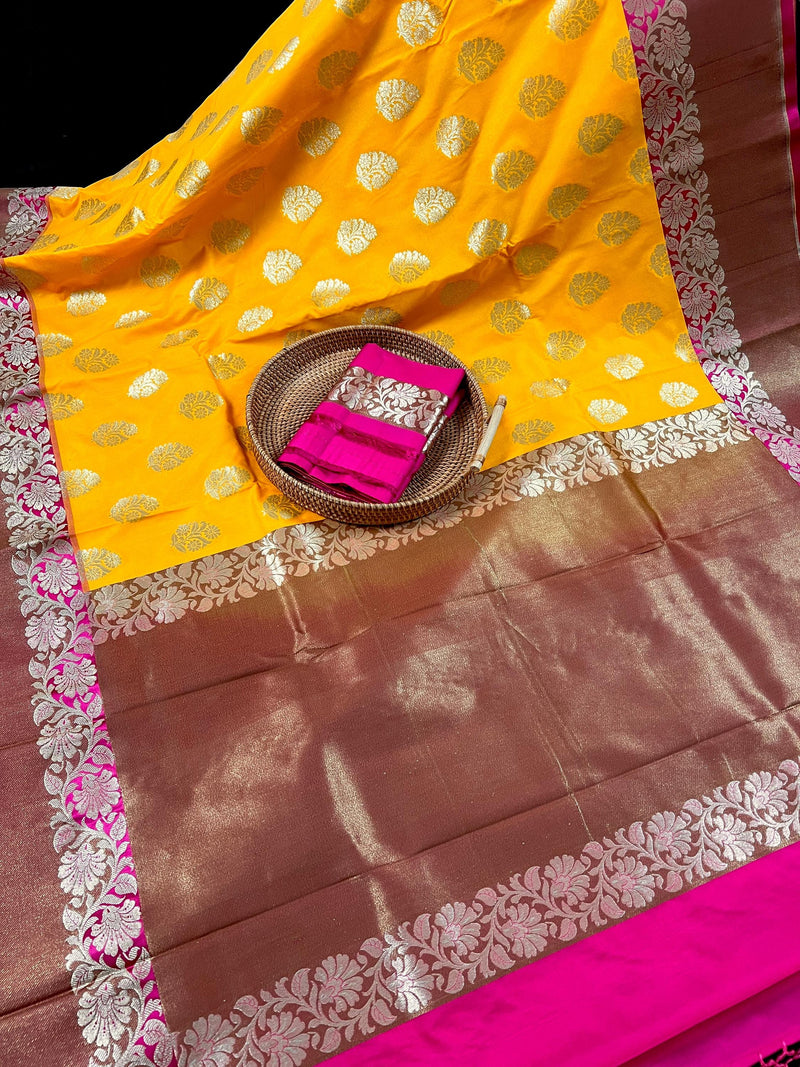 Mango Yellow  with Pink Color combination Traditional Handloom Banarasi Saree with Copper Border and Pallu