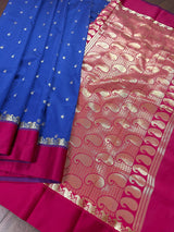 Statement Designer Blue with Magenta Pink border and Pallu Saree | Banarasi Silk Saree | Soft Silk Saree | Festival Indian Wear