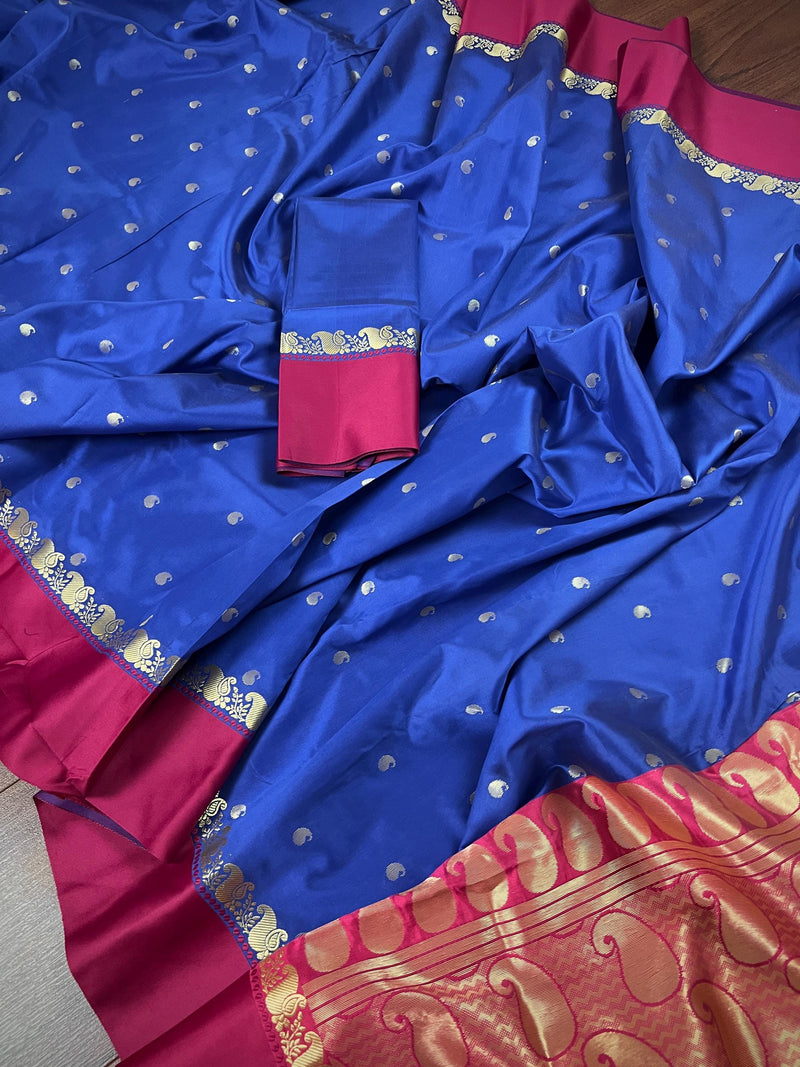 Statement Designer Blue with Magenta Pink border and Pallu Saree | Banarasi Silk Saree | Soft Silk Saree | Festival Indian Wear